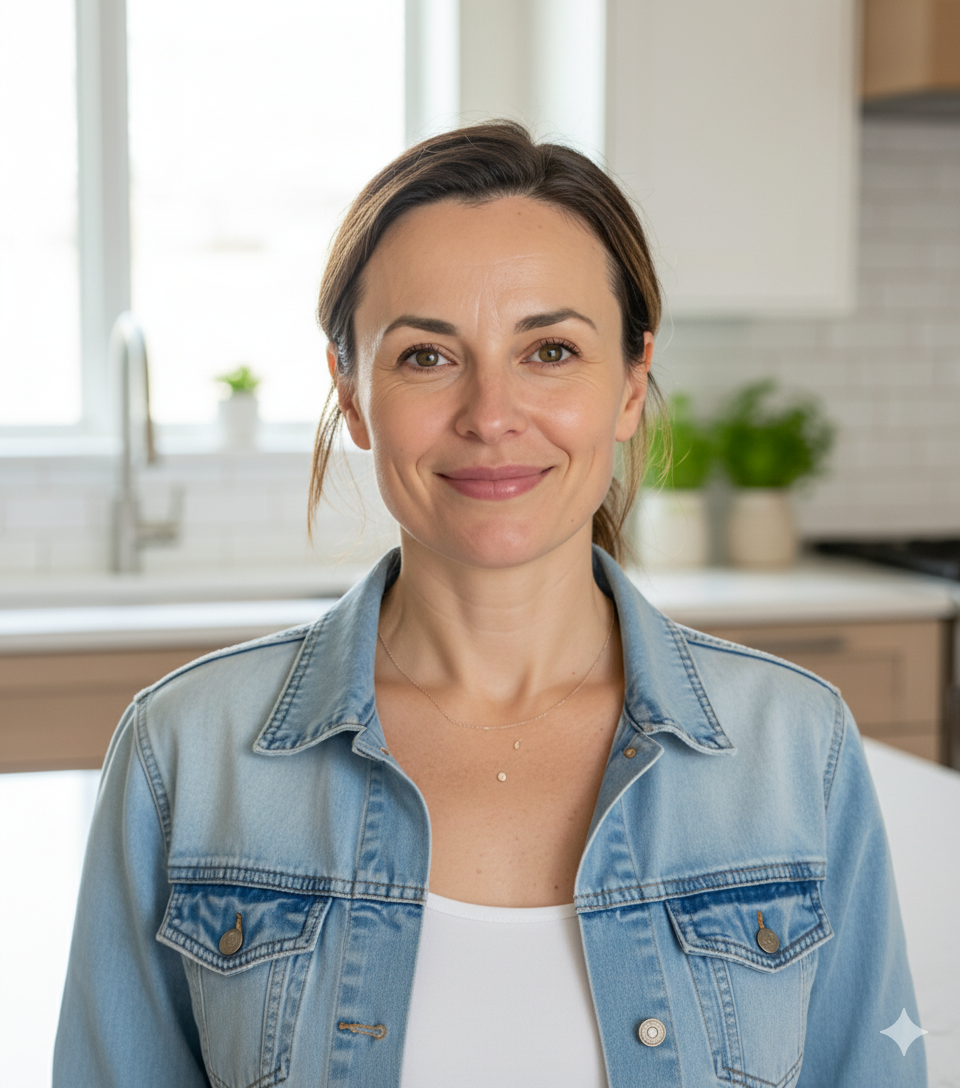 Person smiling in a bright kitchen with potted plants.