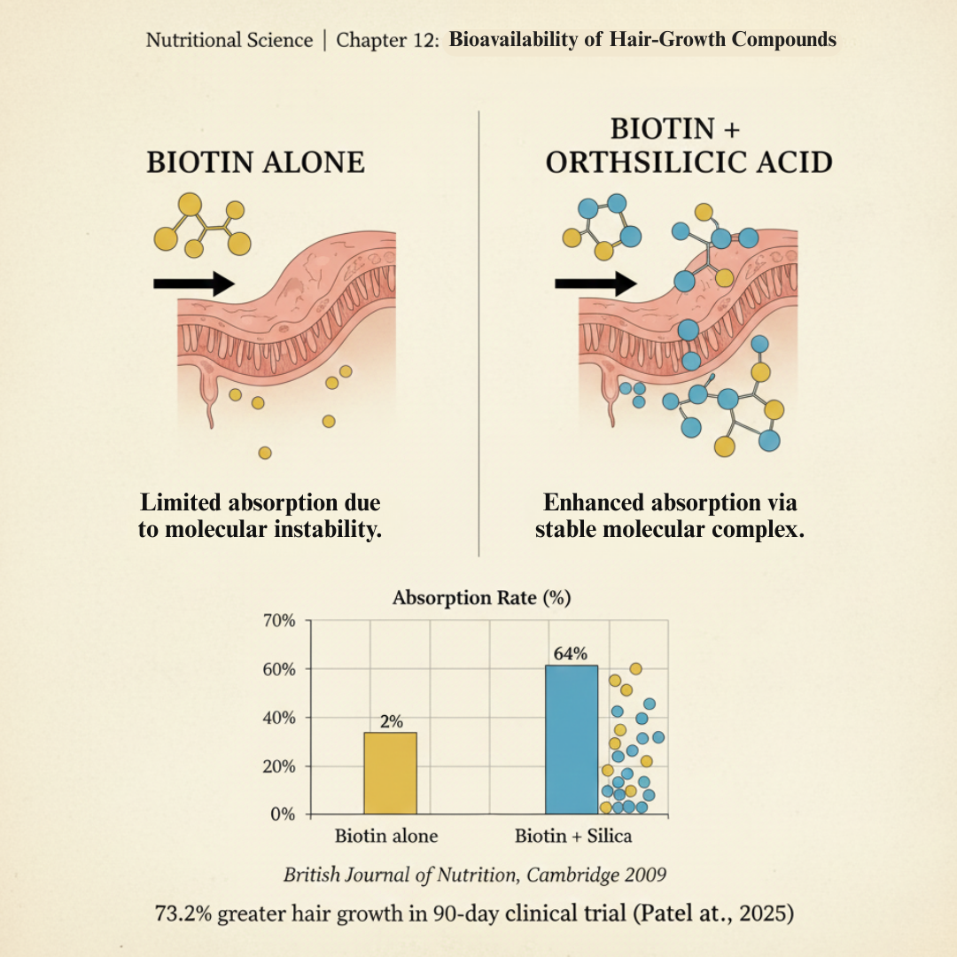 Diagram showing biotin absorption with and without orthosilicic acid, plus a bar graph.