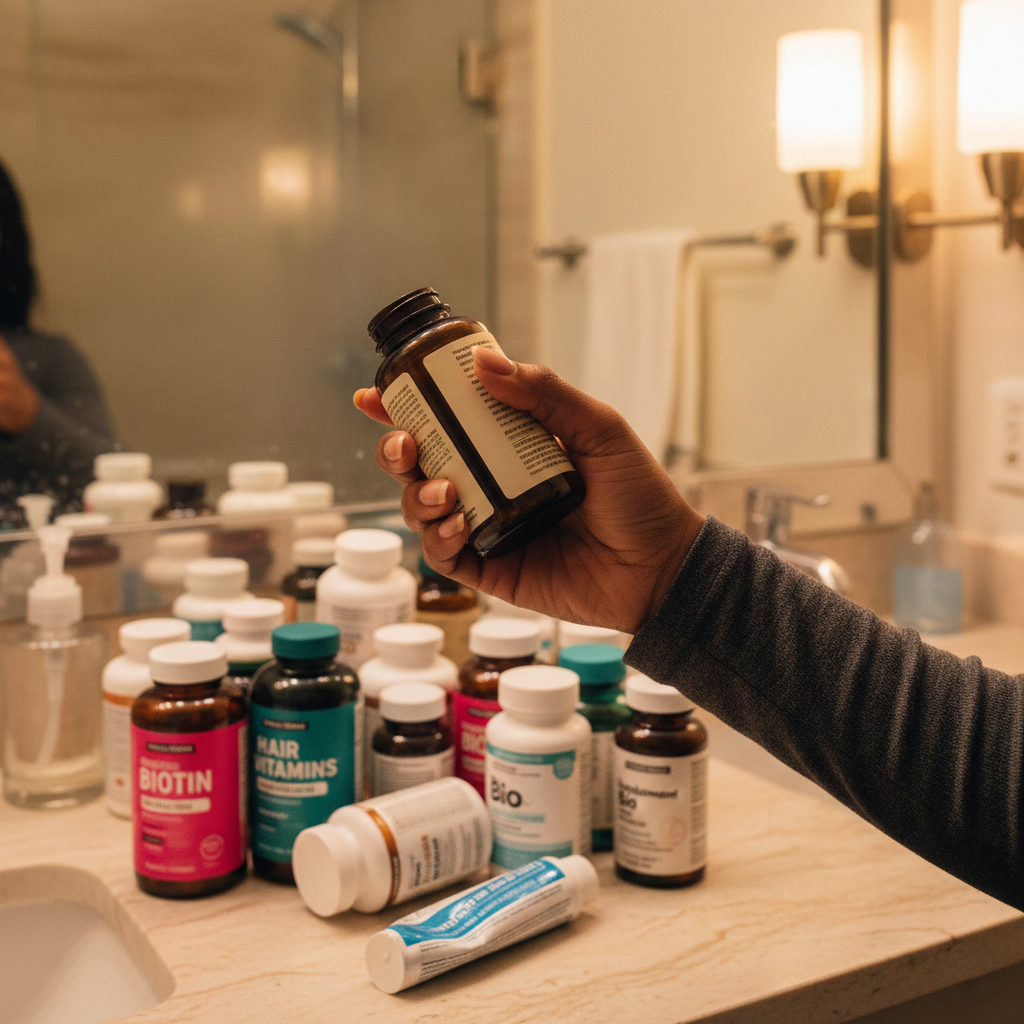 A hand holding a supplement bottle over a bathroom counter cluttered with many other vitamin and supplement bottles.