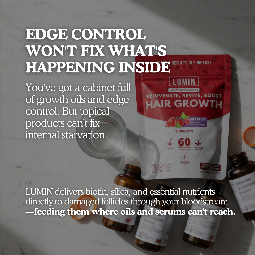 Lumin hair growth supplement package with text about internal hair health solutions.
