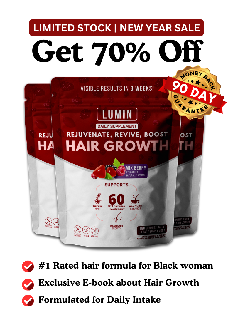 Image of Lumin hair growth supplement with a 90-day guarantee badge and promotional text.