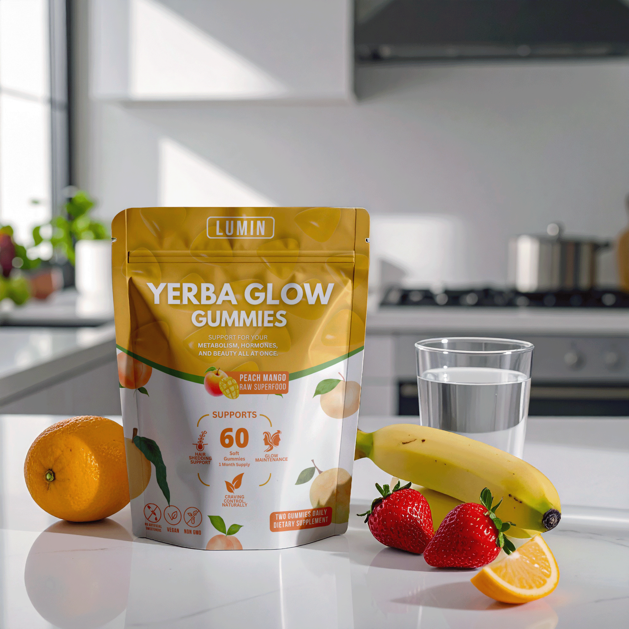 Pouch of Yerba Glow Gummies with fruits and glass of water on a kitchen countertop.