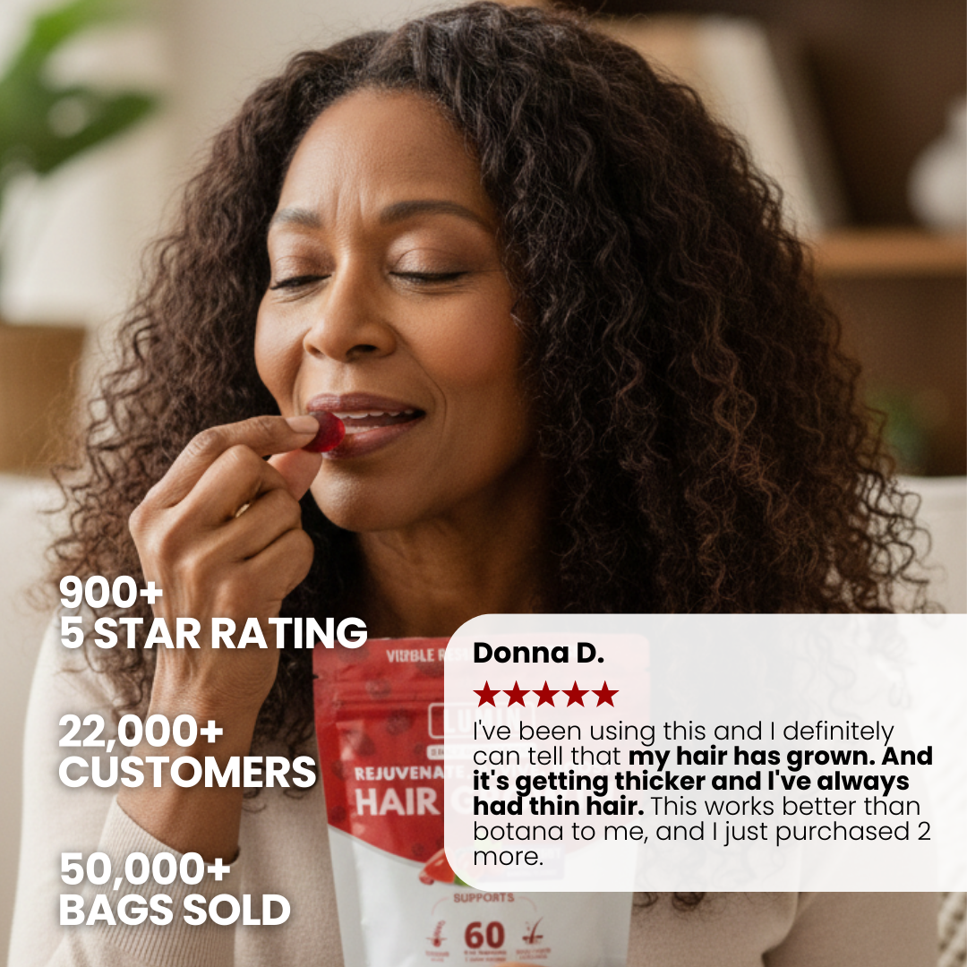 Woman eating a gummy with hair product packaging and text overlay about ratings and reviews.