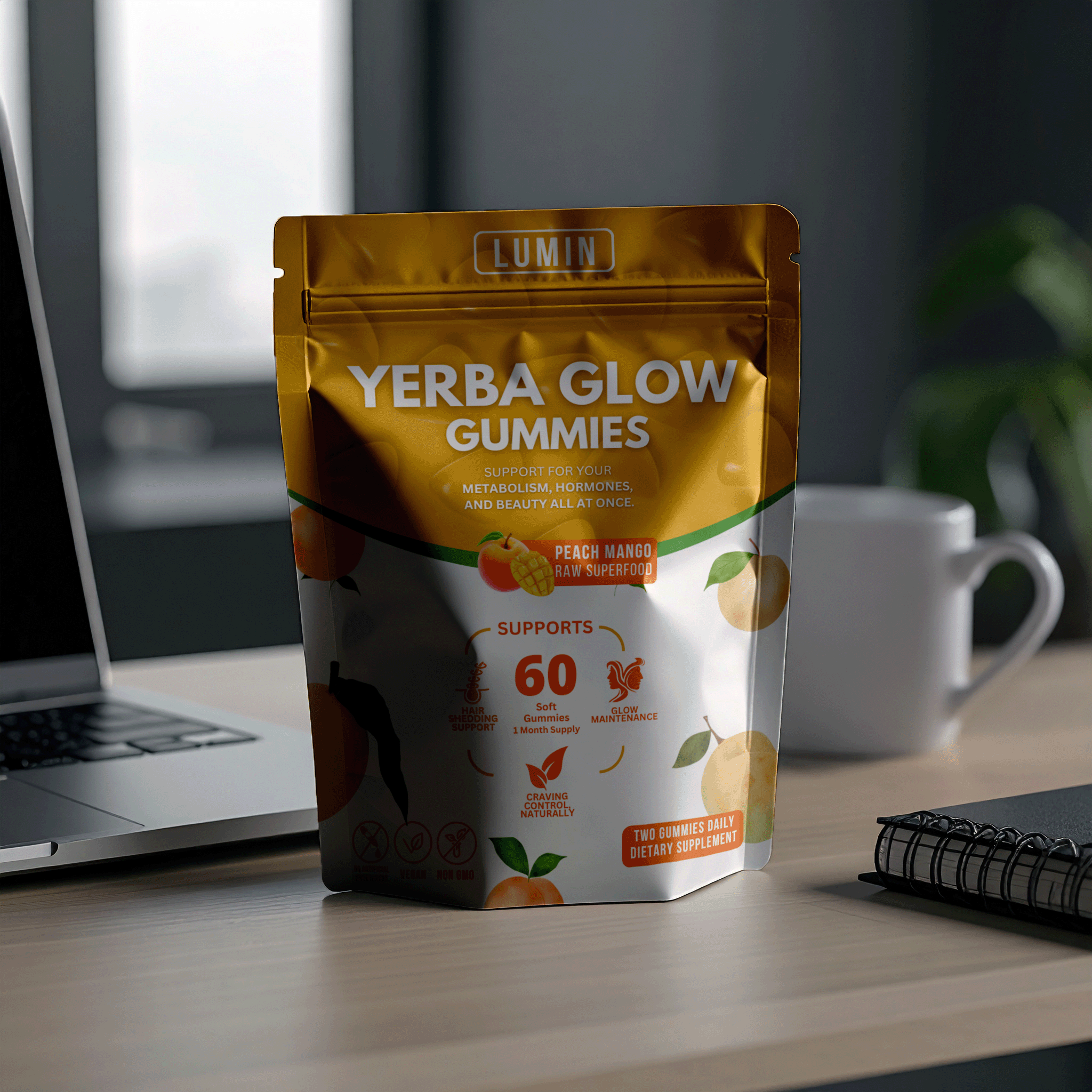 Packet of Yerba Glow Gummies on a desk beside a laptop and cup.