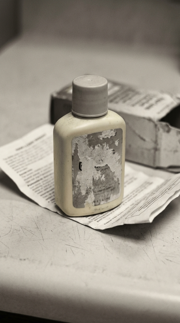 A black and white photograph of a small bottle with a worn label sitting on a piece of paper.