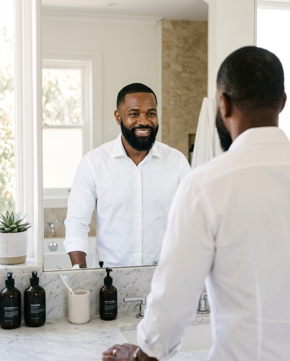 A man in a white shirt smiles at his reflection in a bathroom mirror.