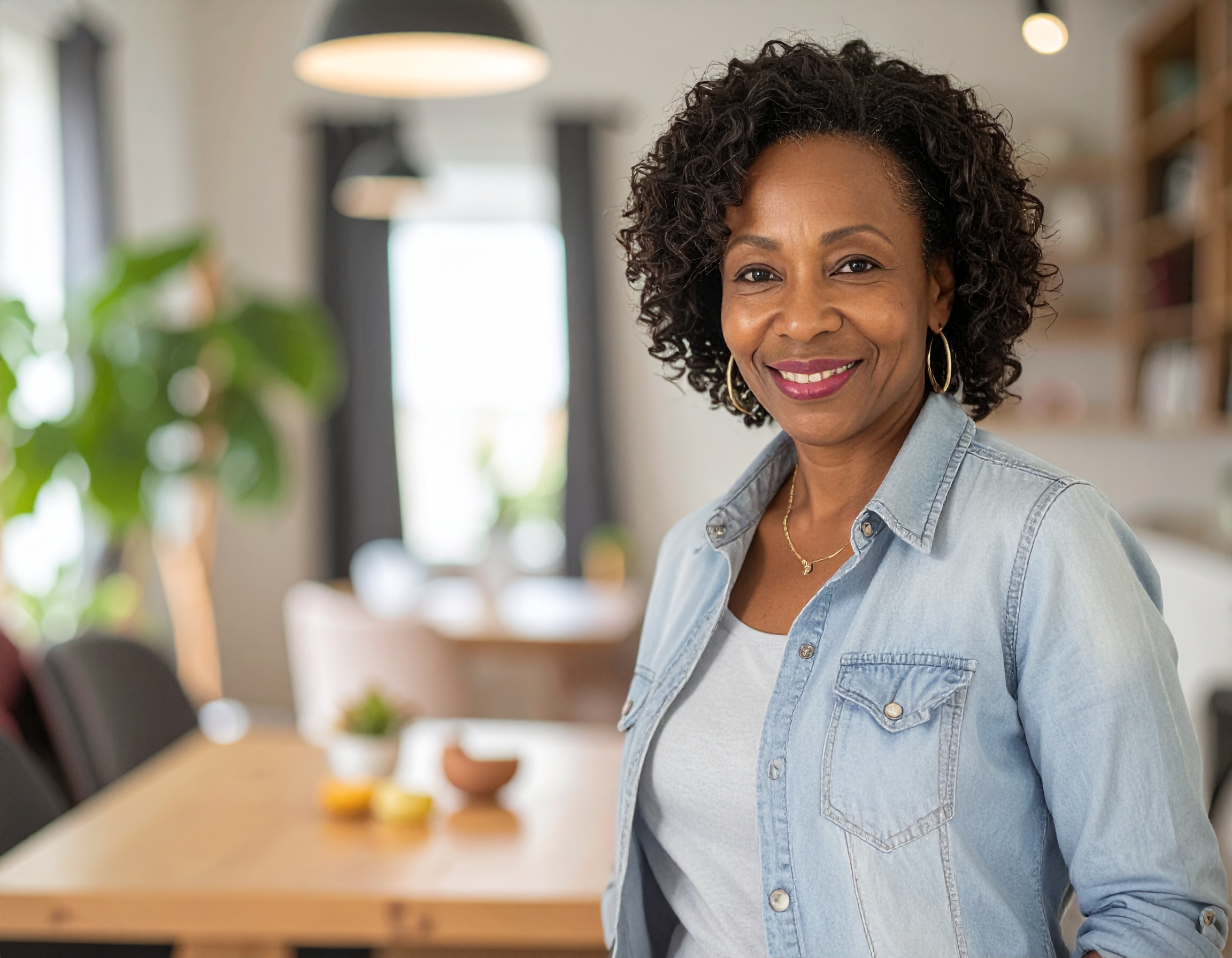 Smiling person standing in a bright dining room with plants and shelves.