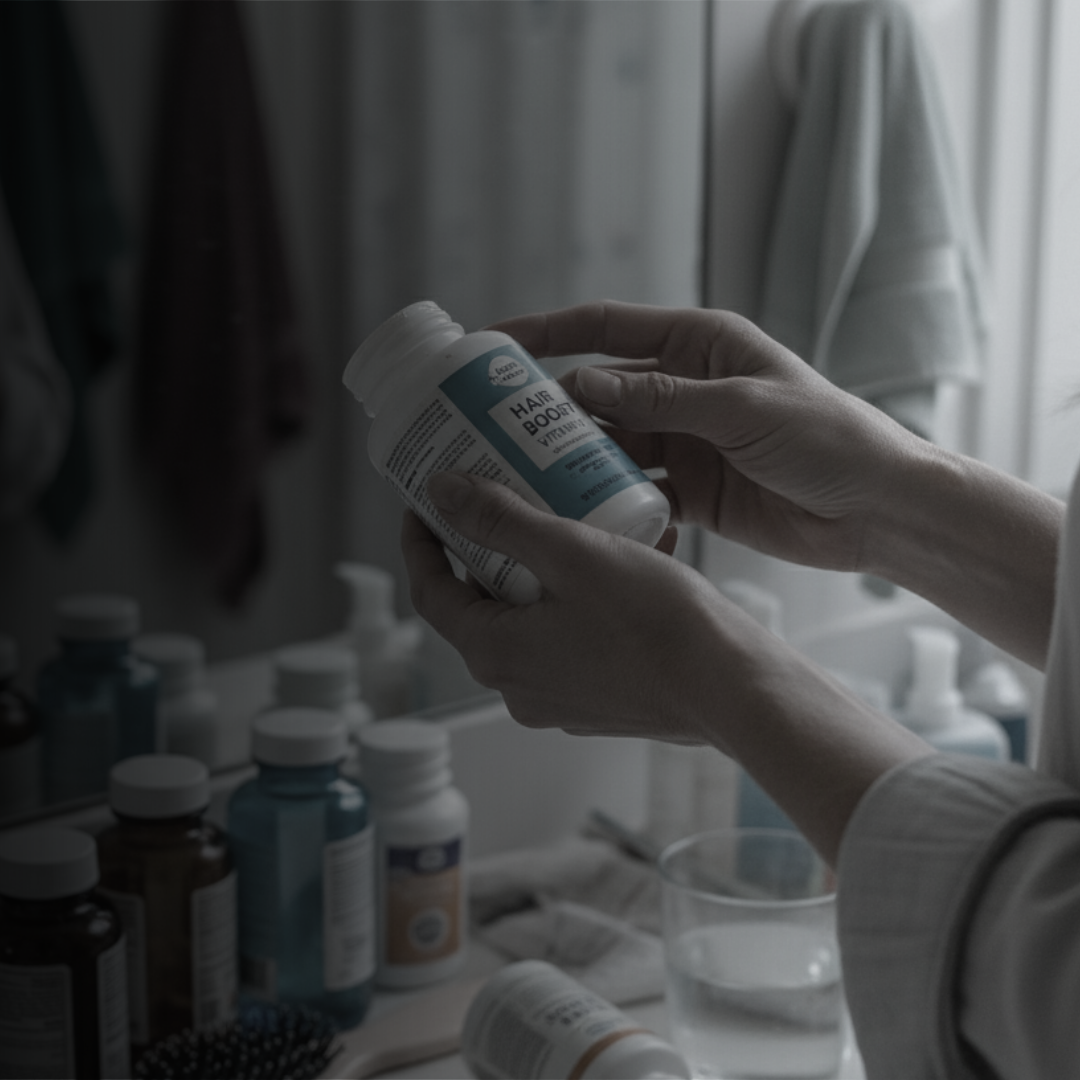 Infographic showing three women, one with thinning hair, stating '52% of menopausal women experience hair thinning.'