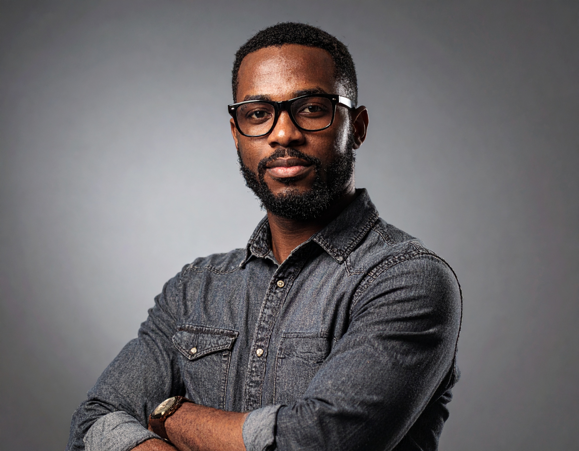 Man with glasses and beard wearing a denim shirt, arms crossed.