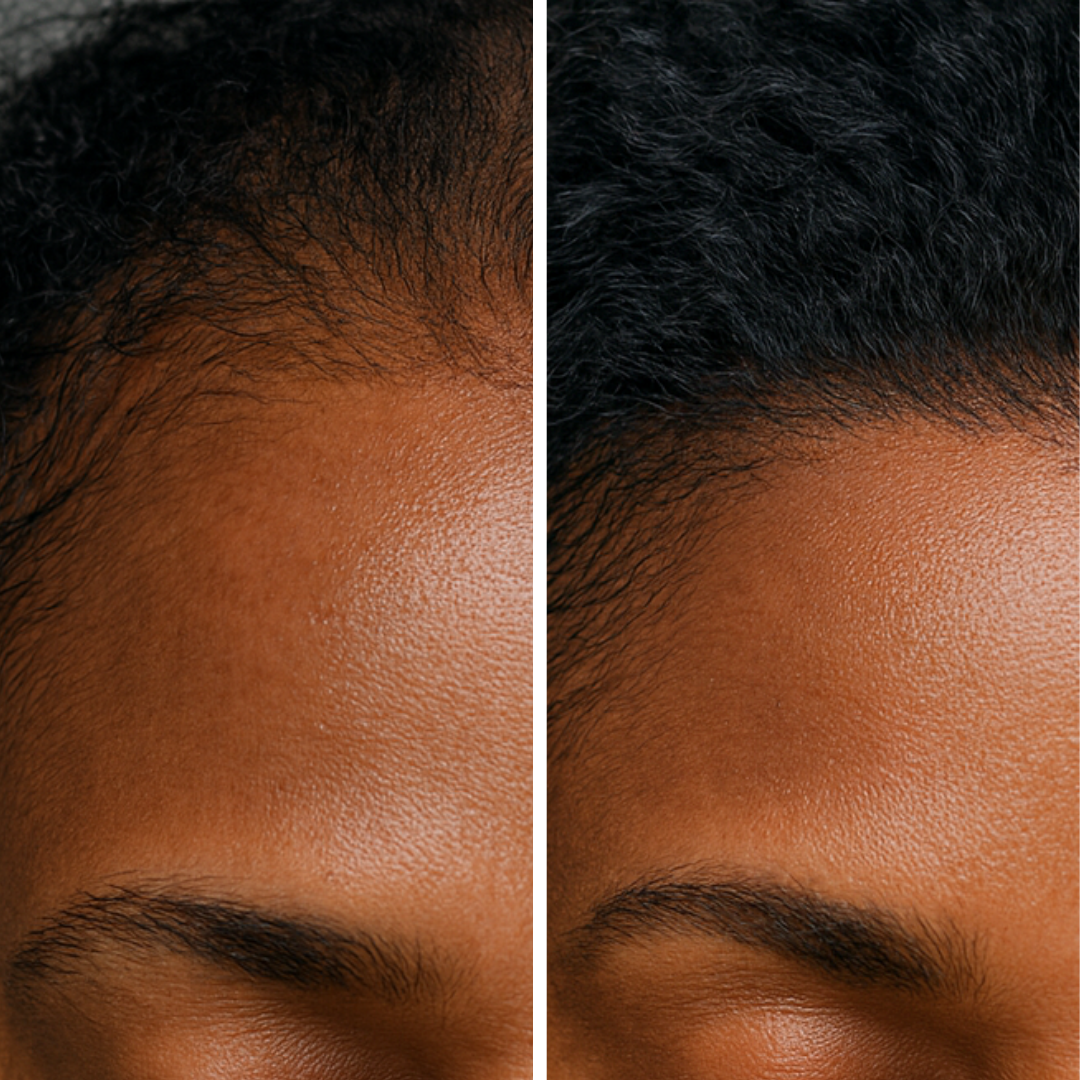 Close-up of two foreheads with different hairlines.