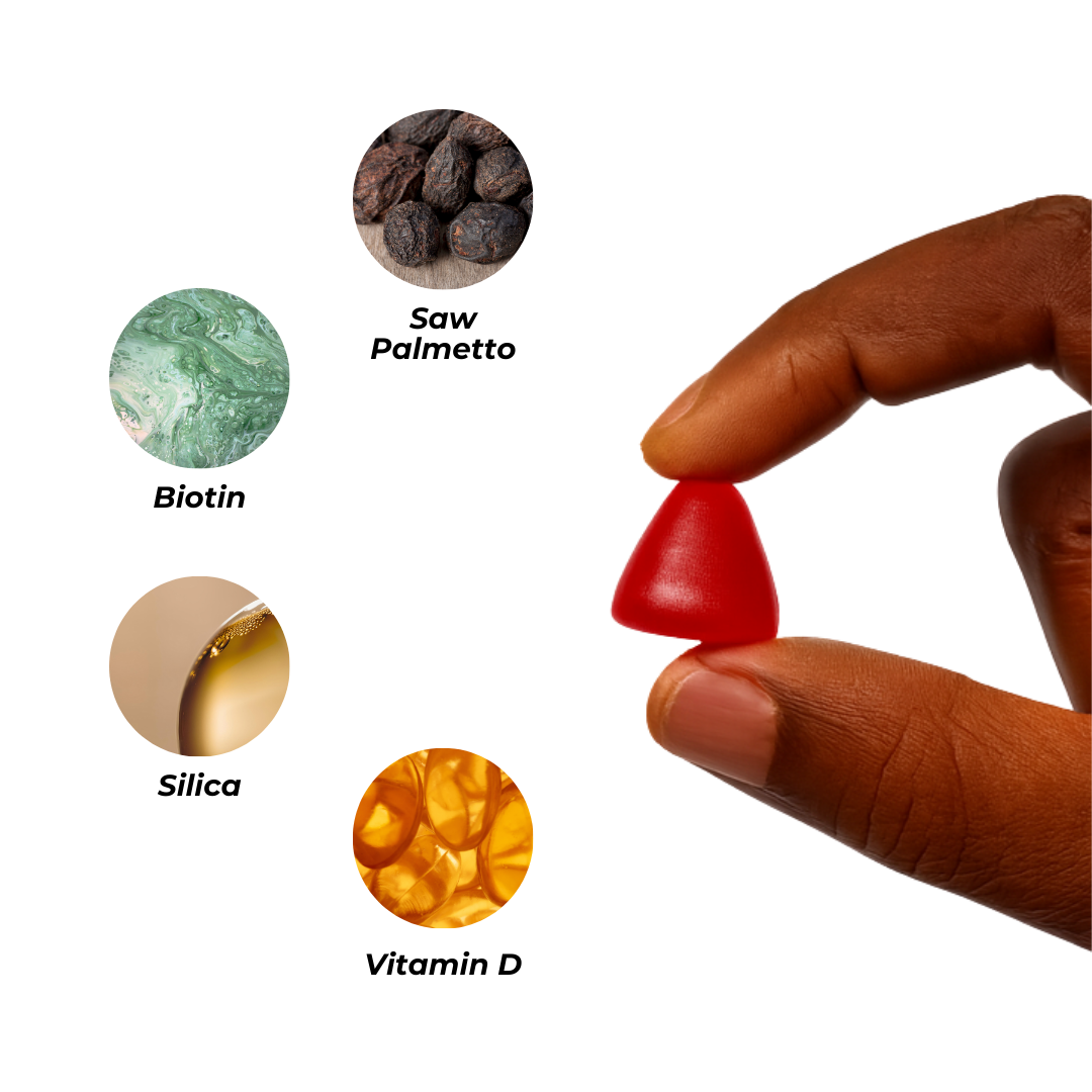 Hand holding a red gummy, ingredients labeled: Saw Palmetto, Biotin, Silica, Vitamin D.