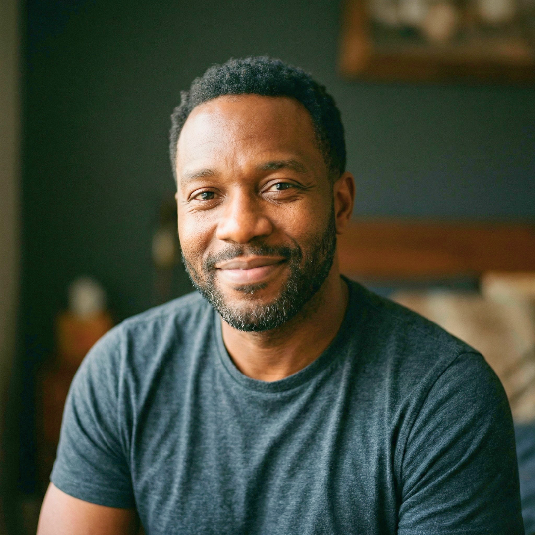 A middle-aged Black man with a beard, wearing a grey t-shirt, smiles warmly at the camera.