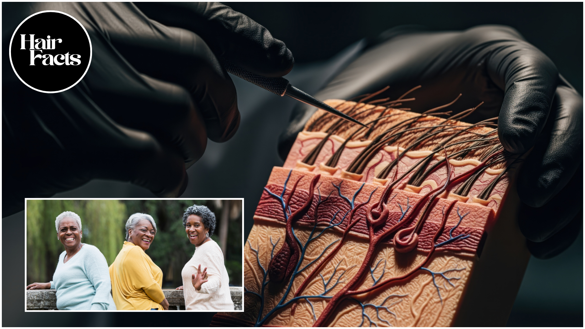 Close-up of gloved hands holding a detailed hair follicle model.