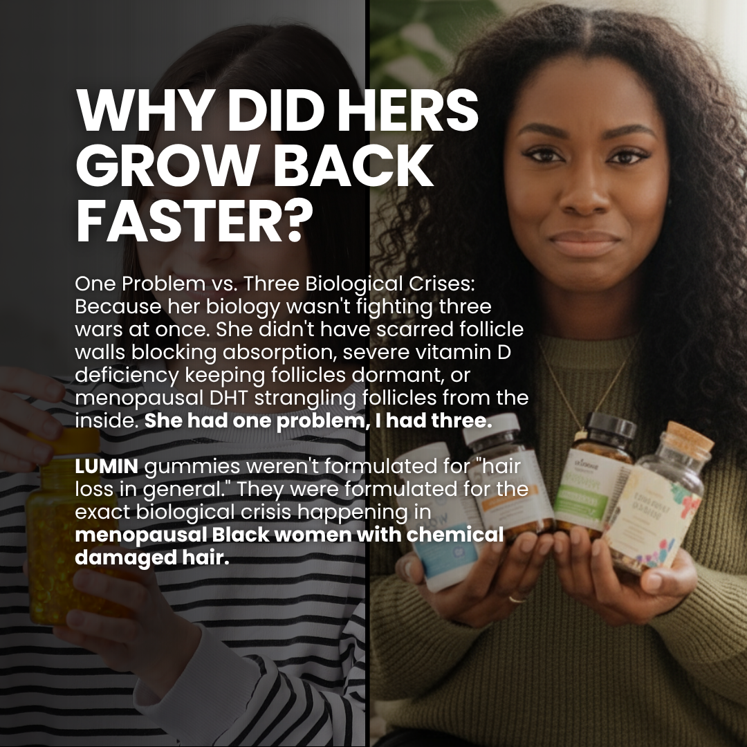 Two women holding bottles, overlay text about hair growth and supplements.
