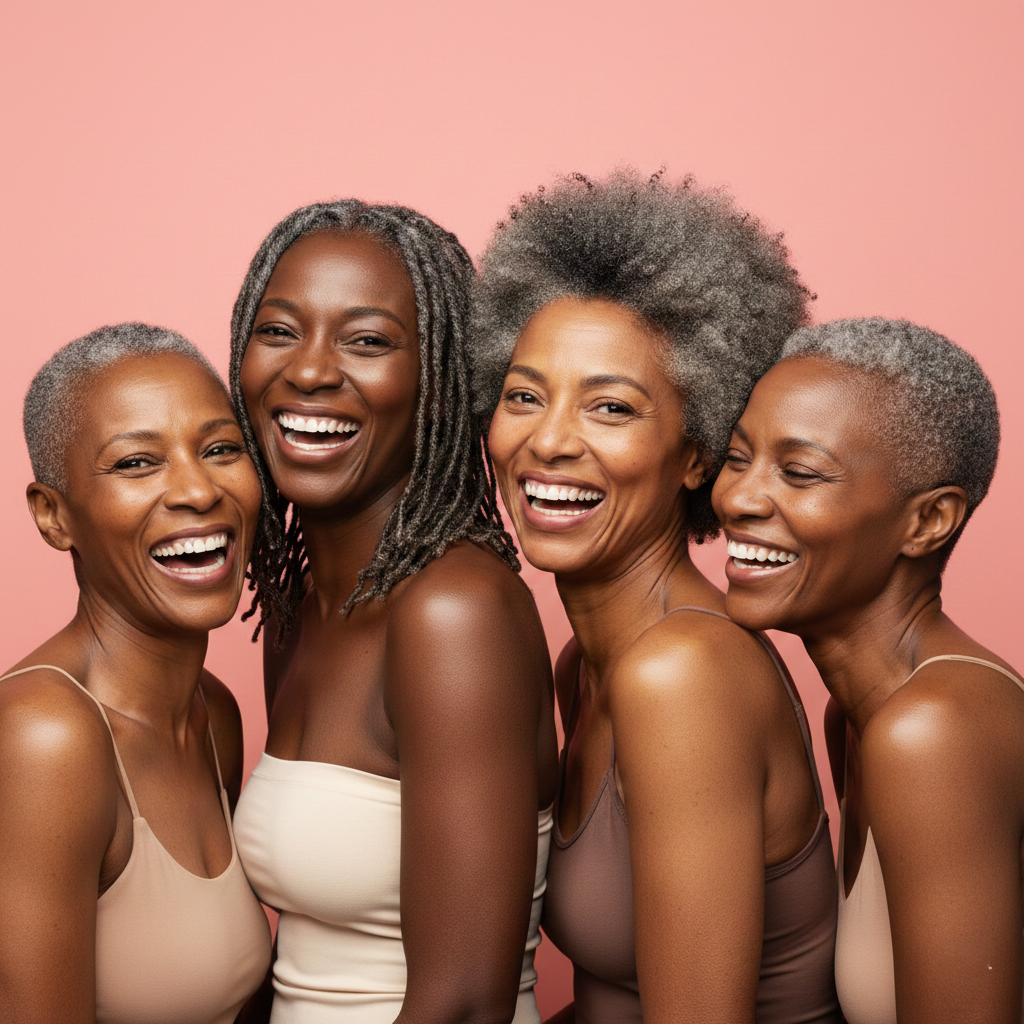 Four mature Black women with gray hair laughing together in front of a pink background.
