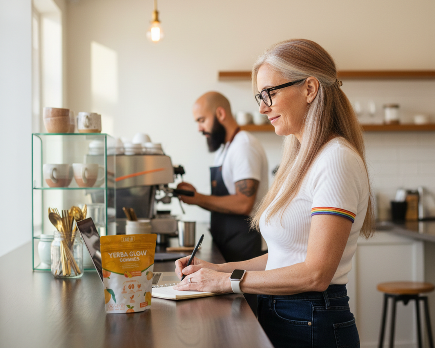 A woman writes in a notebook at a cafe counter, with a pouch of gummies and a laptop nearby.