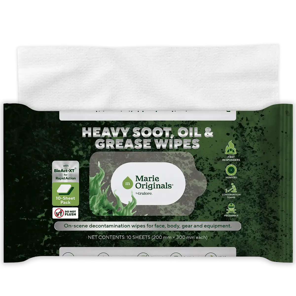 A package of Marie Originals Heavy Soot, Oil & Grease Wipes, with one wipe pulled from the package.