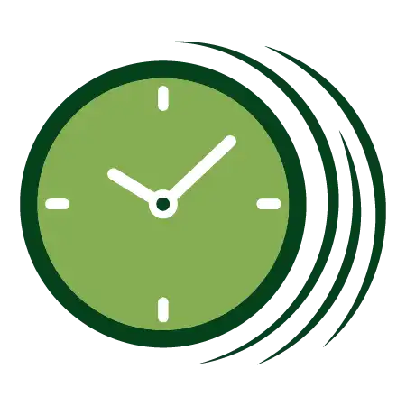 A stylized green analog clock icon with curved lines on the right suggesting movement or ringing.