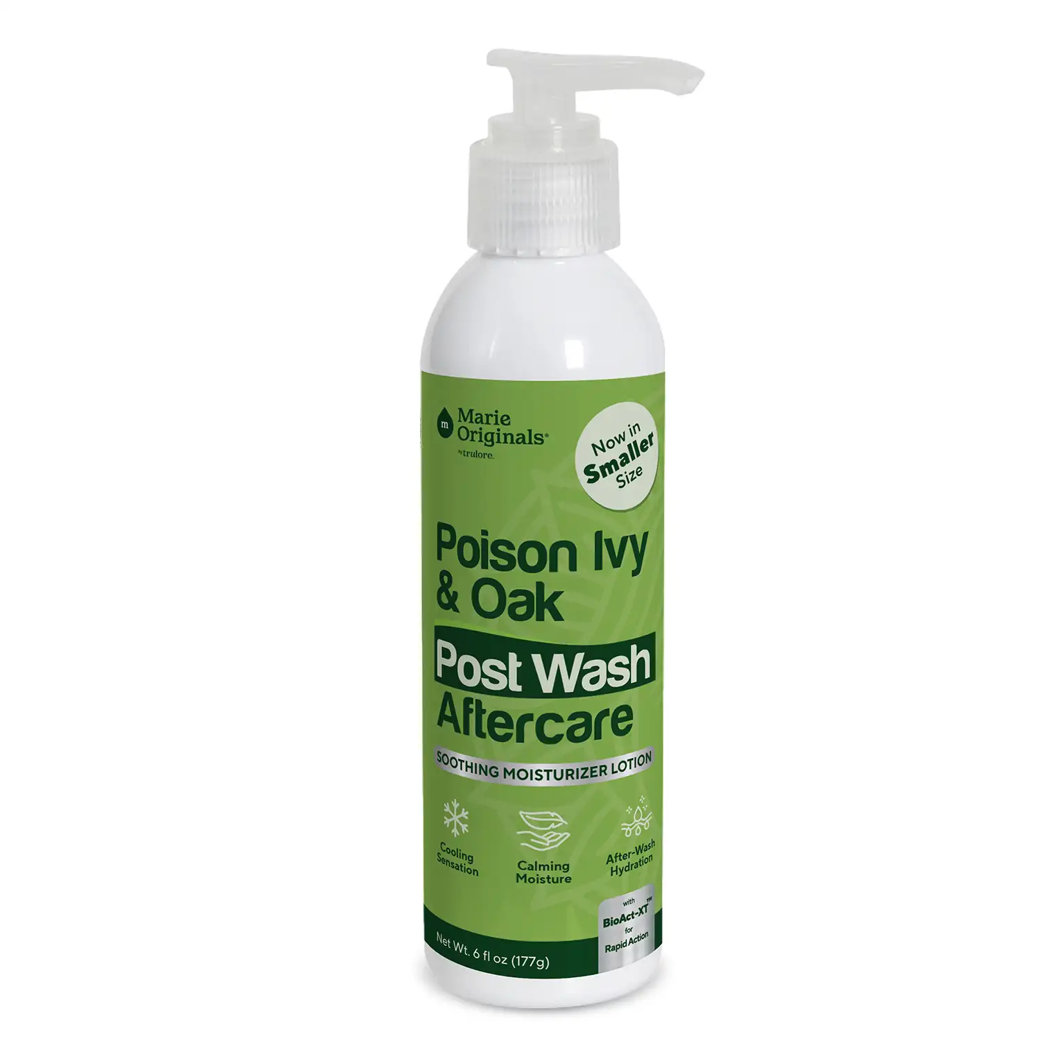 A pump bottle of Marie Originals Poison Ivy & Oak Post Wash Aftercare lotion against a white background.