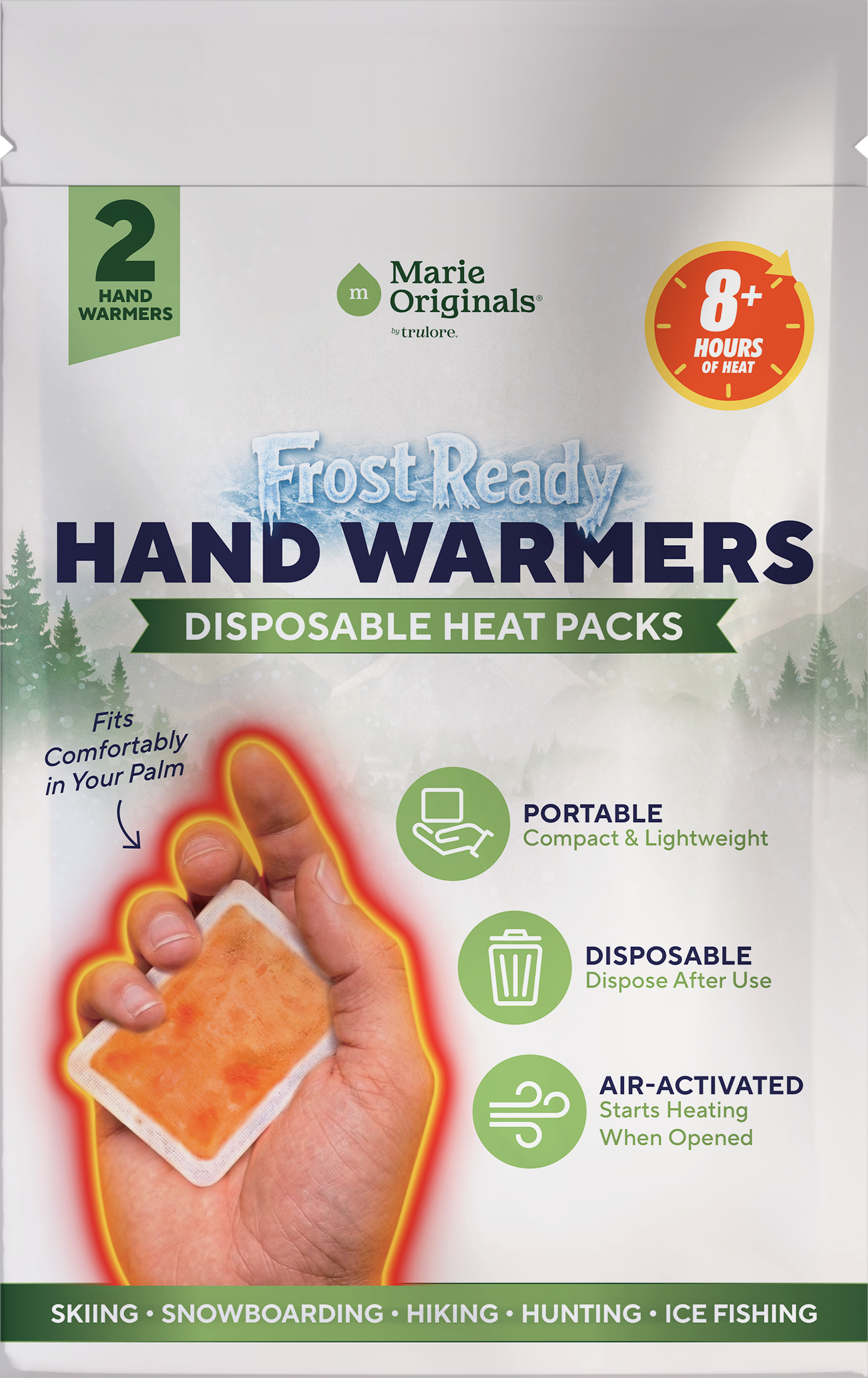 The packaging for Marie Originals Frost Ready Hand Warmers, showing a hand holding a heat pack.