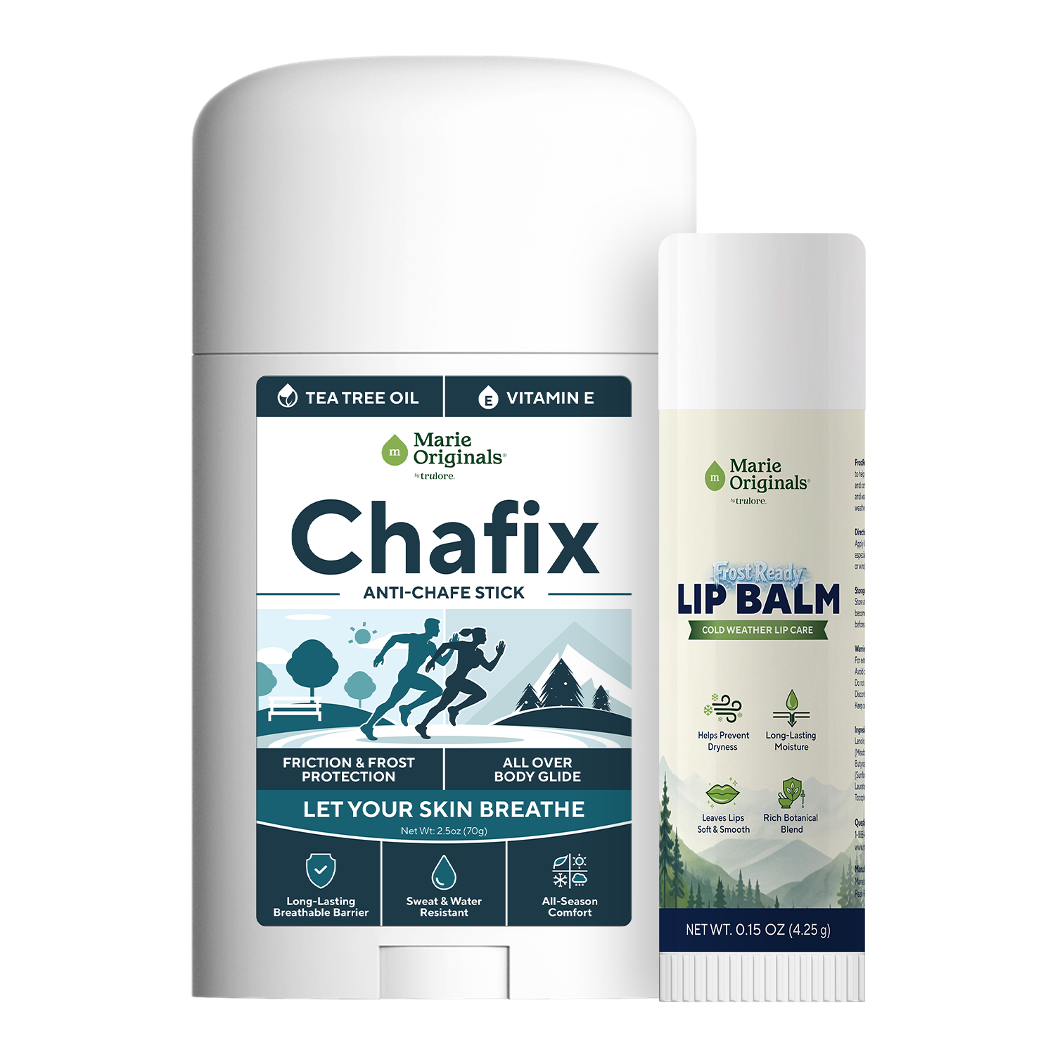 A Marie Originals Chafix anti-chafe stick and a Frost Ready lip balm on a white background.
