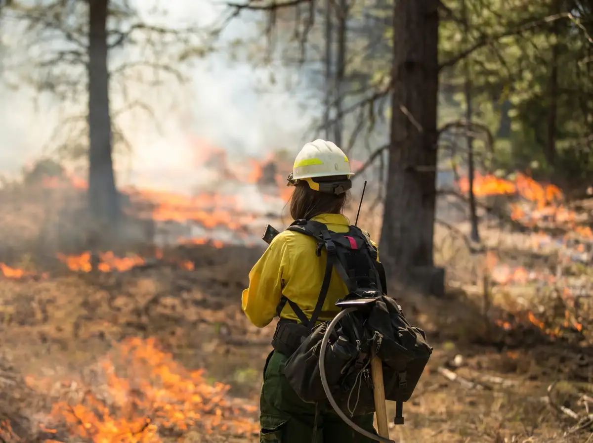 A firefighter, seen from behind, watches a wildfire burn on the forest floor among the trees.