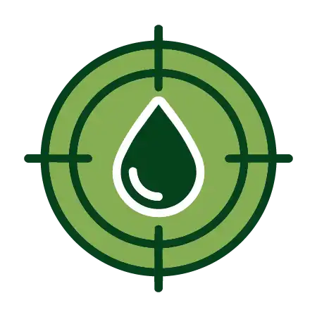 A graphic icon of a green droplet of liquid centered inside a green target.