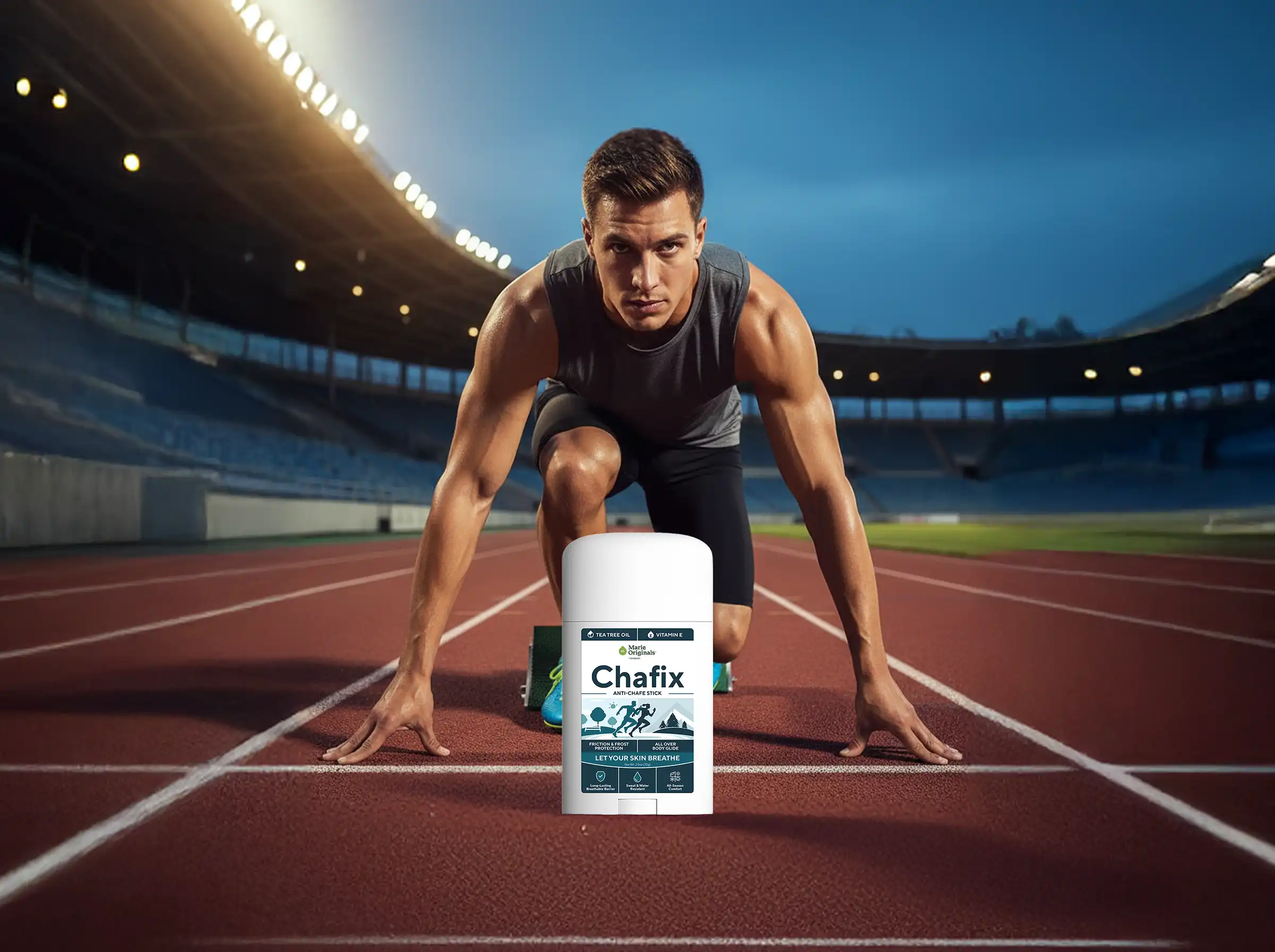 An athlete at the starting line of a running track with a stick of Chafix anti-chafe stick.