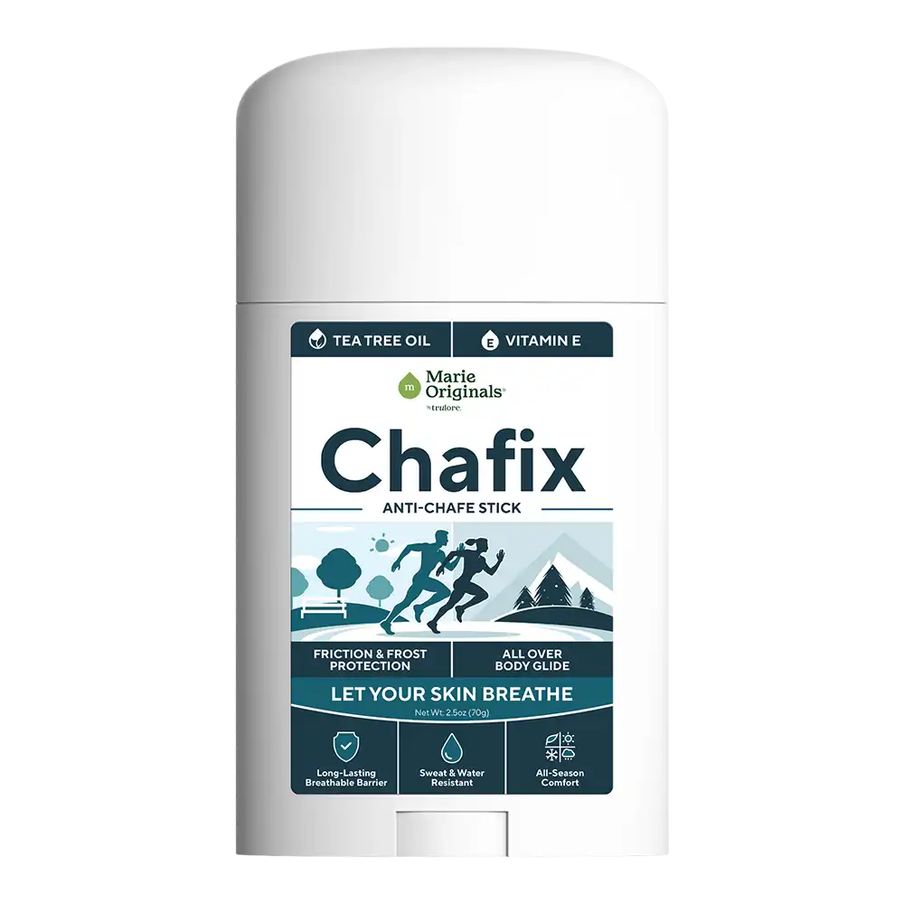A white stick of Marie Originals Chafix Anti-Chafe Stick against a white background.