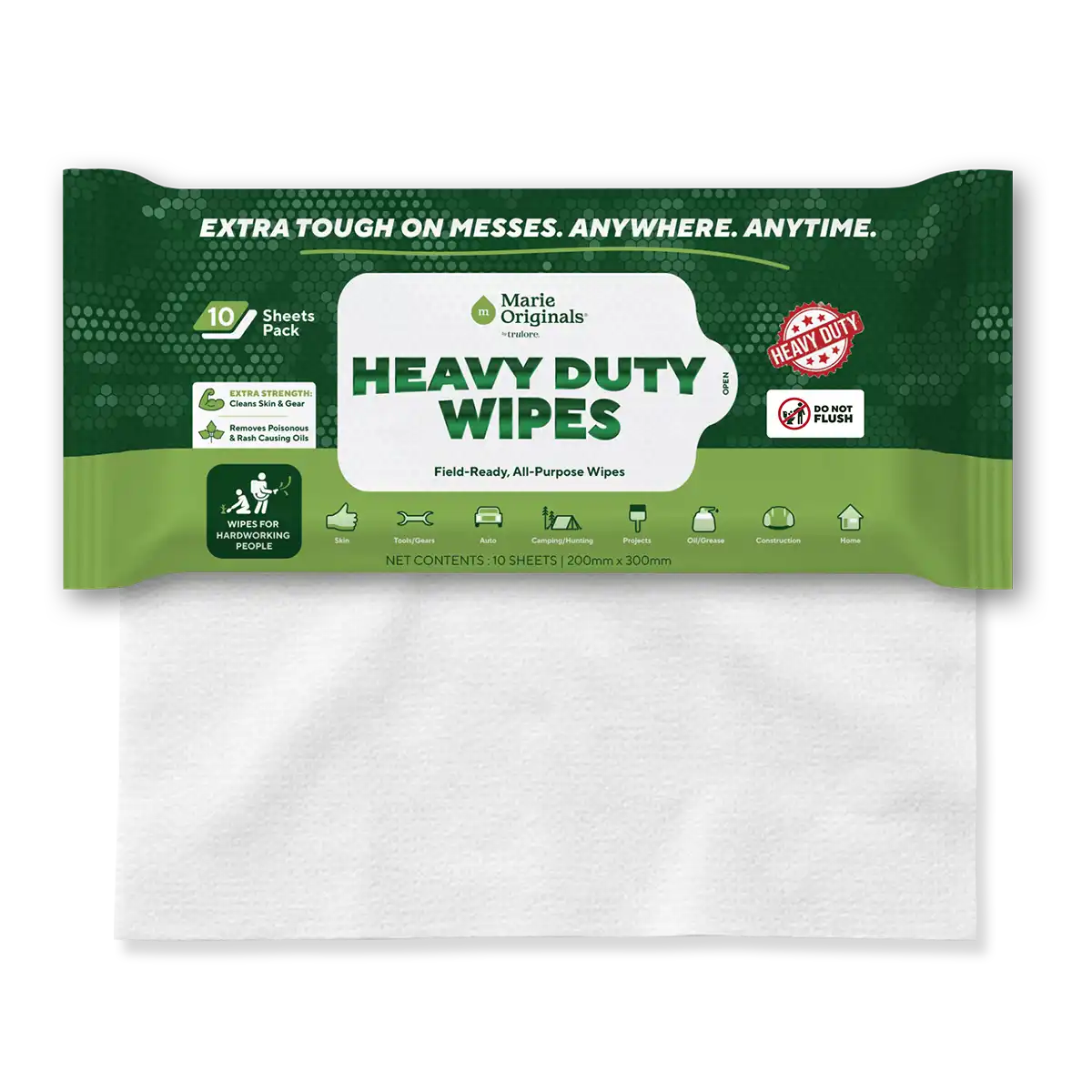 A green package of Marie Originals Heavy Duty Wipes with one wipe pulled out.