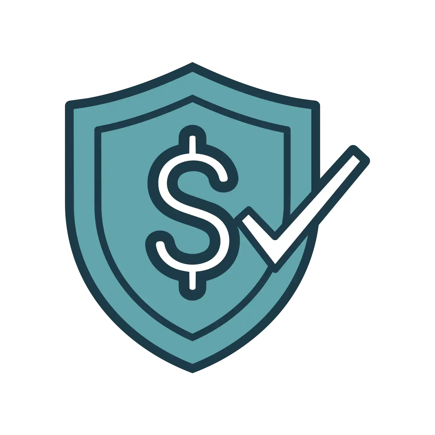 A teal shield icon with a white dollar sign in the center and a white checkmark.