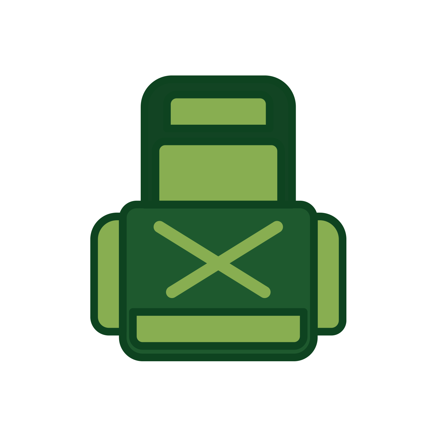 A stylized green icon of a backpack with an X on the front against a white background.