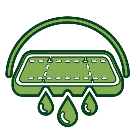 An illustration of a green filter with a handle, dripping three large drops of liquid from below.