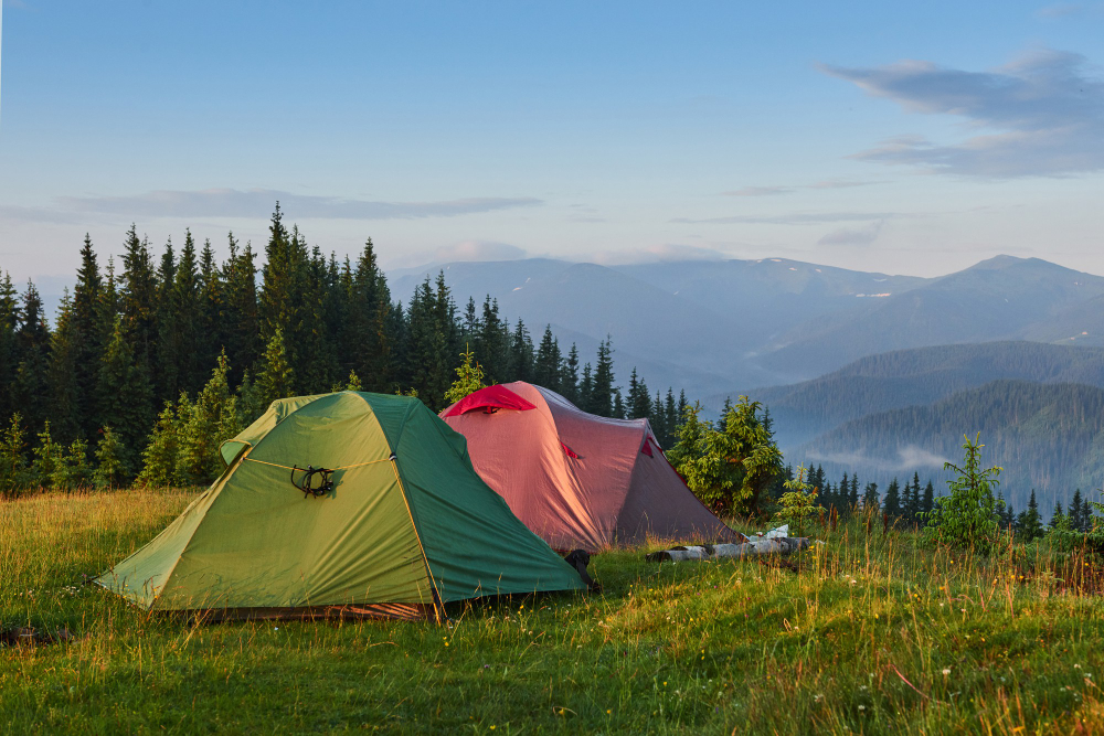 Two tents pitched on a grassy mountainside with forested mountains in the background under a clear sky.