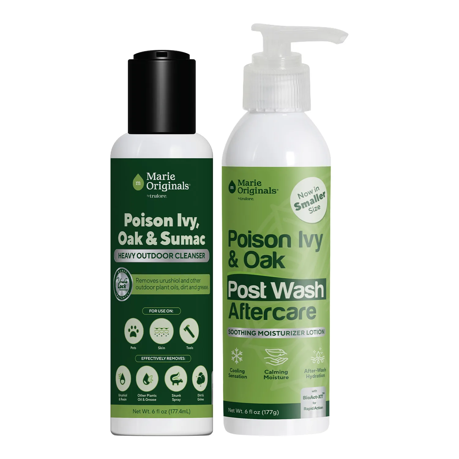 Two bottles of Marie Originals poison ivy cleanser and post-wash aftercare lotion on a white background.