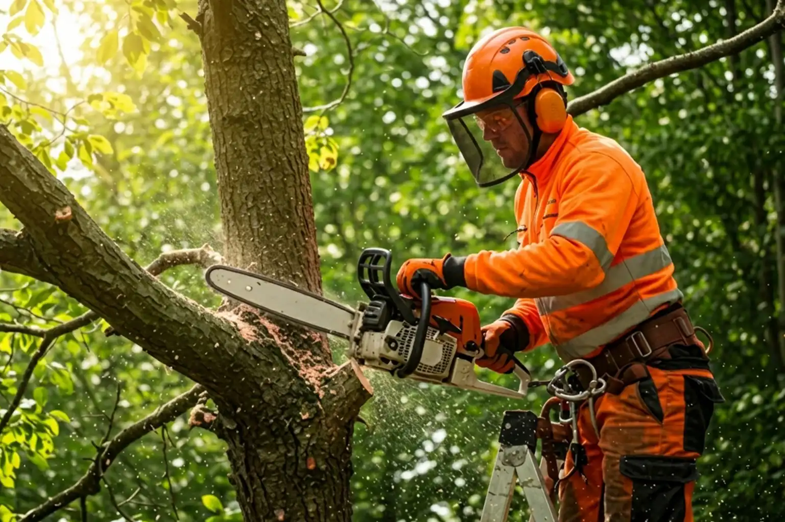 An arborist in full protective gear stands on a ladder and cuts a tree branch with a chainsaw.