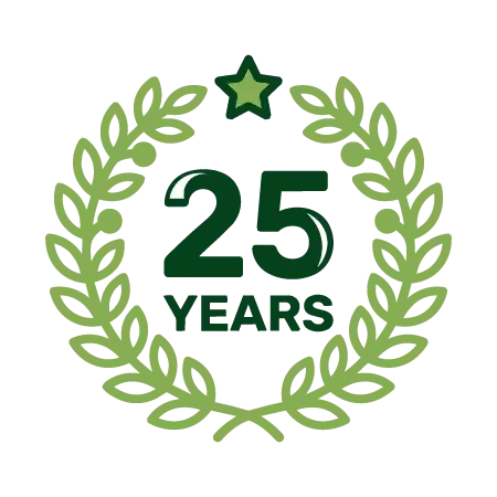 A '25 Years' anniversary logo with a green laurel wreath and a star at the top.
