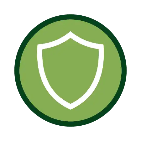 A white shield icon inside a green circle with a dark green border.