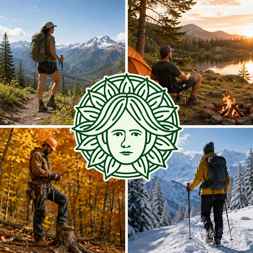 A collage showing people in outdoor settings across four seasons, with a central green logo of a face.