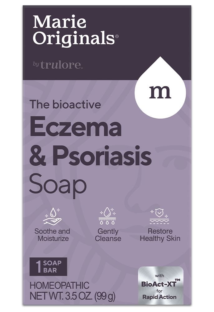 Purple soap packaging for eczema and psoriasis relief by Marie Originals.