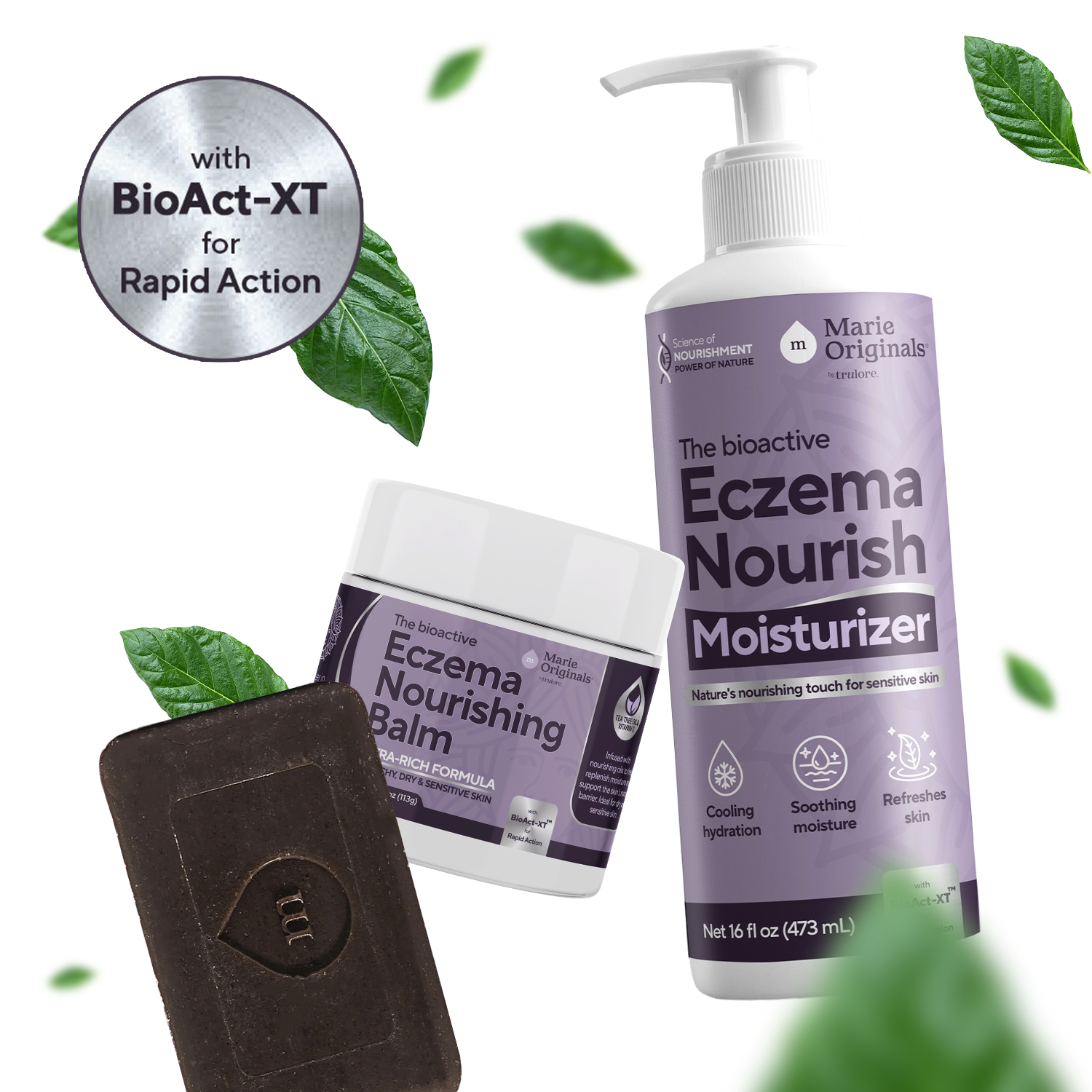 Eczema skincare products with leaves and BioAct-XT label.