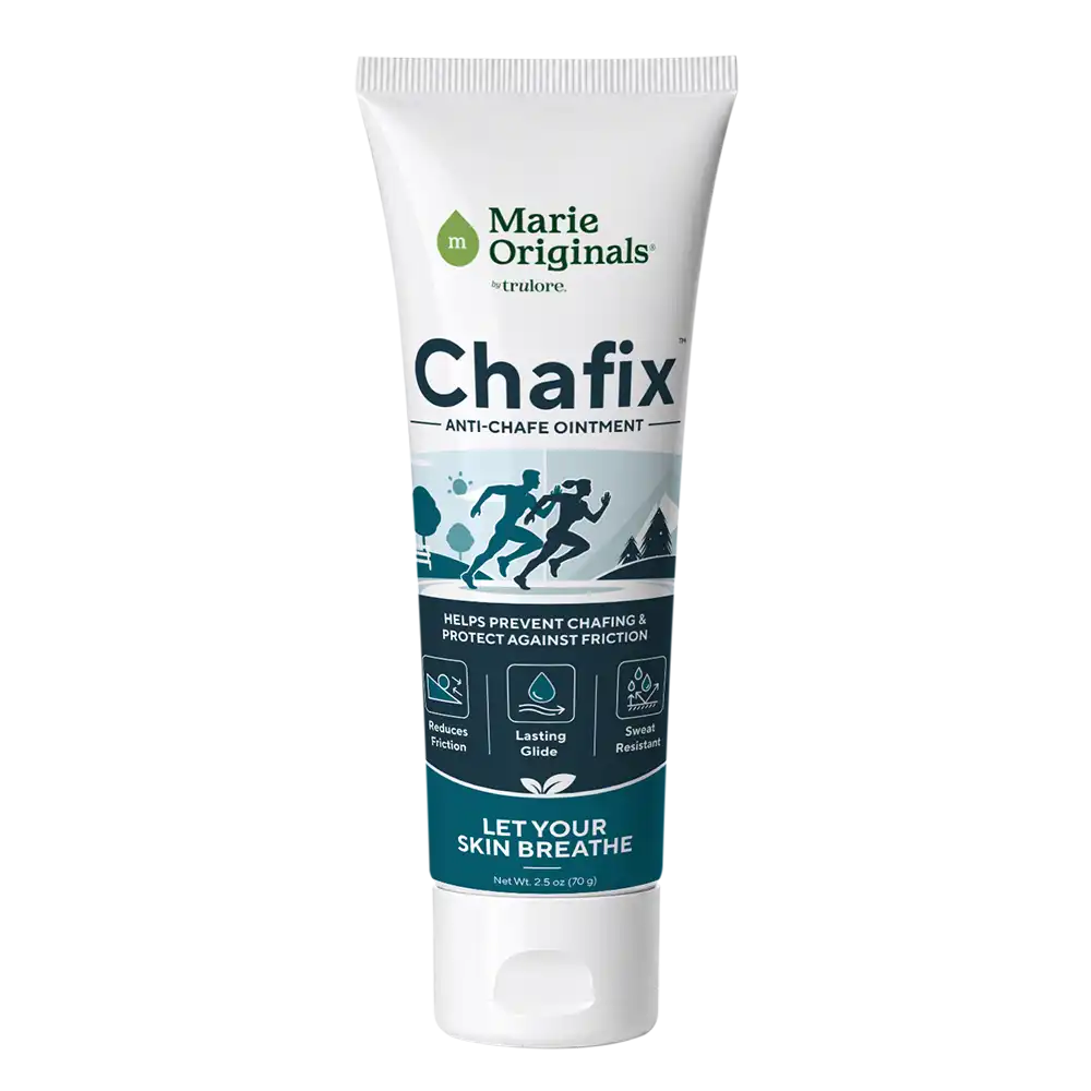 A tube of Marie Originals Chafix anti-chafe ointment against a white background.