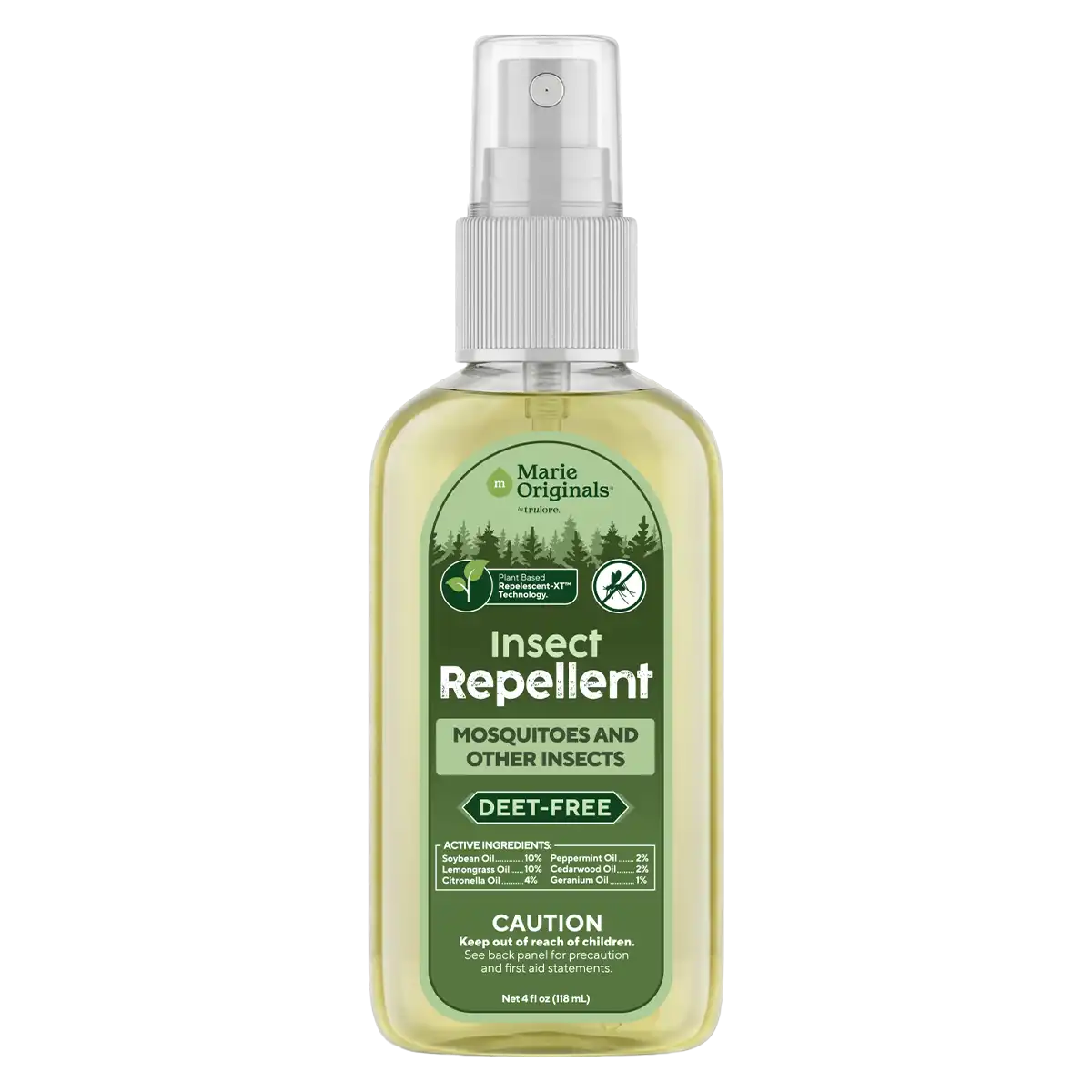 A clear spray bottle of Marie Originals DEET-free insect repellent against a white background.