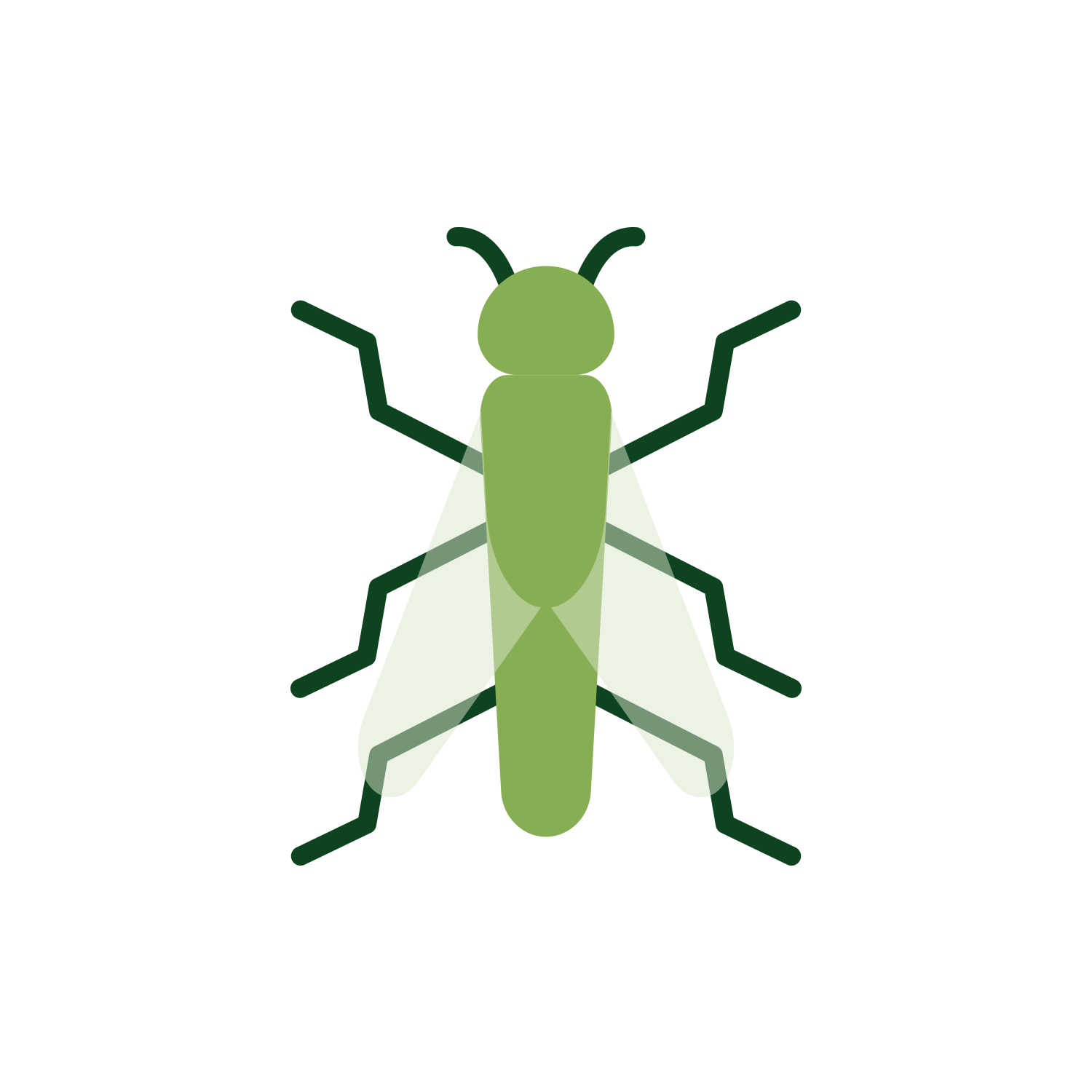 A stylized green illustration of a winged insect, such as a fly or grasshopper.