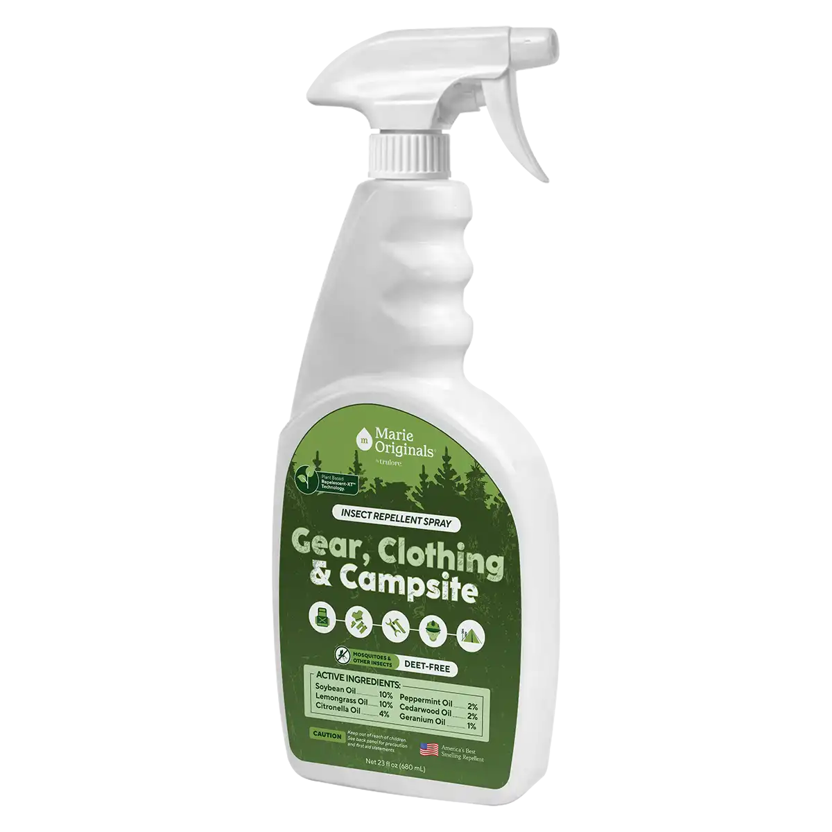 A white spray bottle of Marie Originals Insect Repellent Spray for gear, clothing, and campsites.