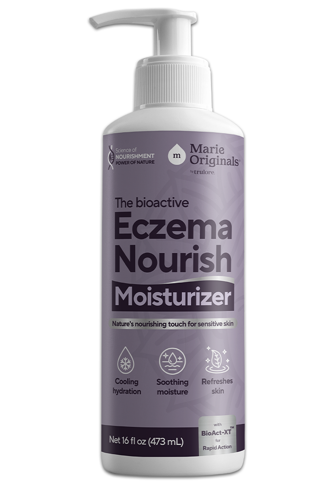 Bottle of 'Eczema Nourish Moisturizer' with pump dispenser, purple label, 16 fl oz (473 mL).