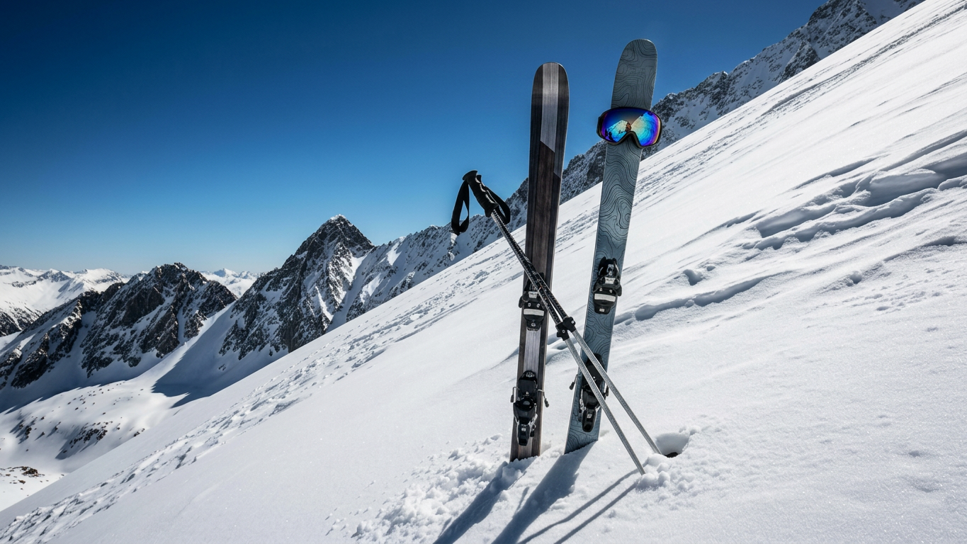 Skis, poles, and goggles standing in the snow on a sunny mountain with a clear blue sky.