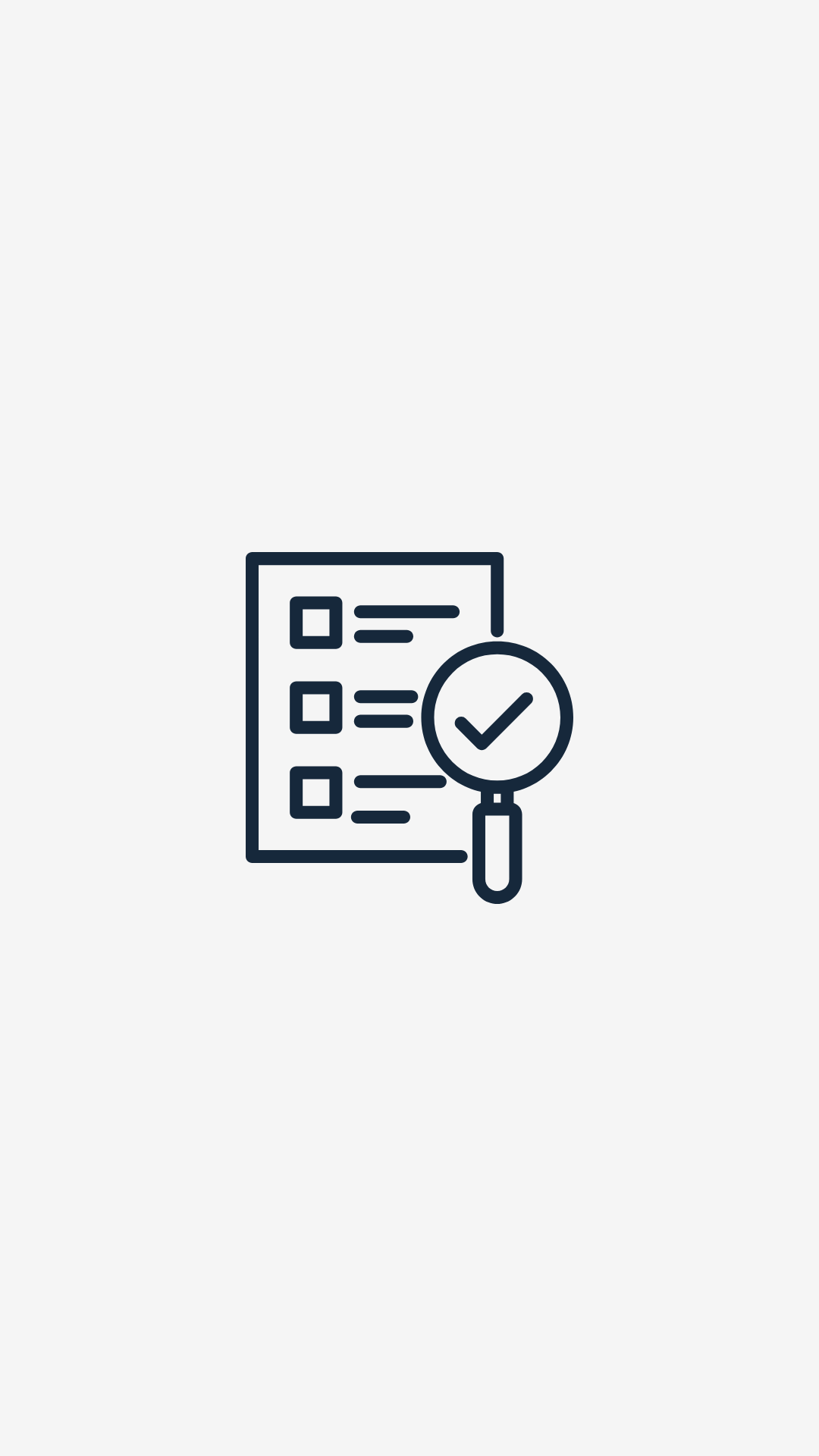 Icon of a checklist with a magnifying glass and checkmark.