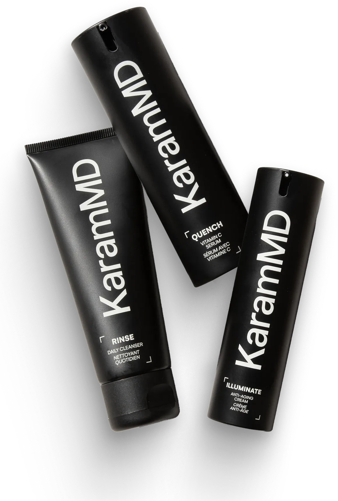 Three KaramMD skincare products—a cleanser, a serum, and a cream—in black containers on a white background.