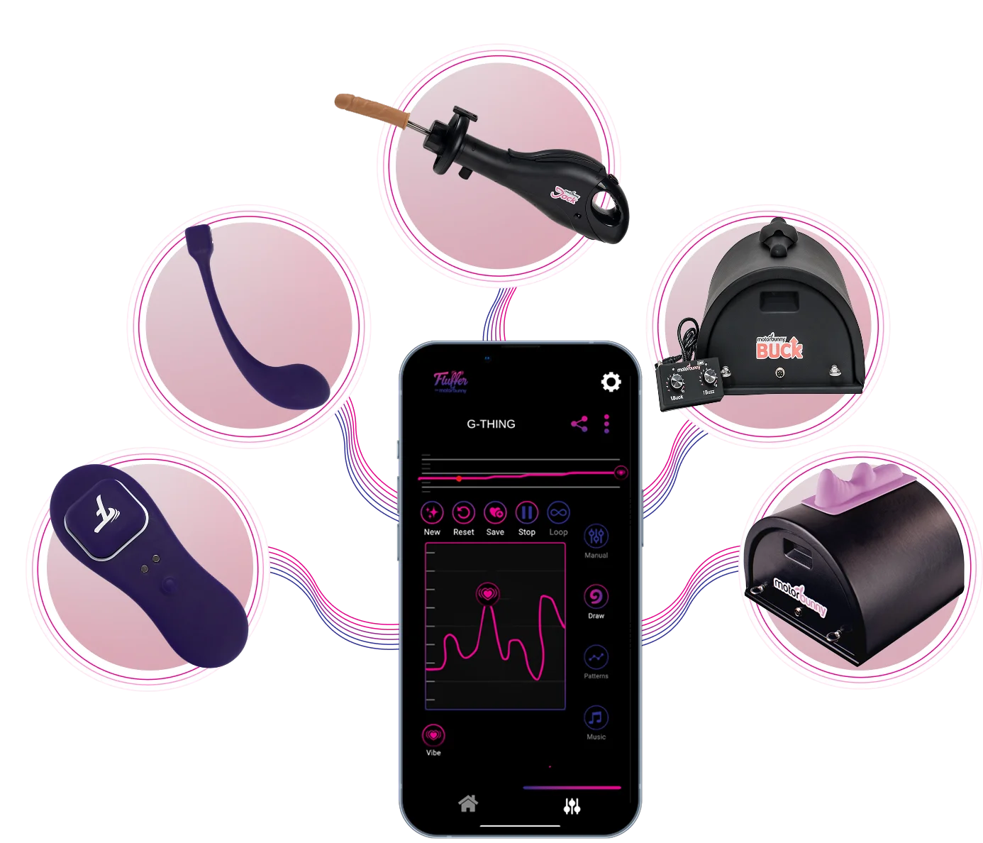 An illustration featuring multiple Motorbunny sex devices controlled via the Fluffer mobile app